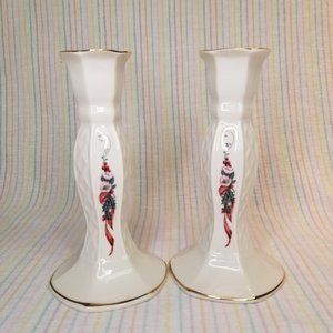 Belleek Pottery Ireland Winter Rose Candle Sticks Pair Porcelain Holly Floral